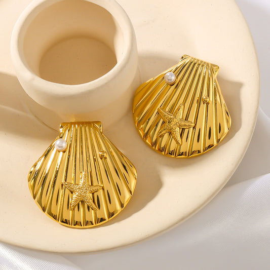 Minimalist Summer-Style Stainless Steel Fan-Shaped Earrings with 18K Gold Plating, Pearl and Shell Inlay, Geometric Design