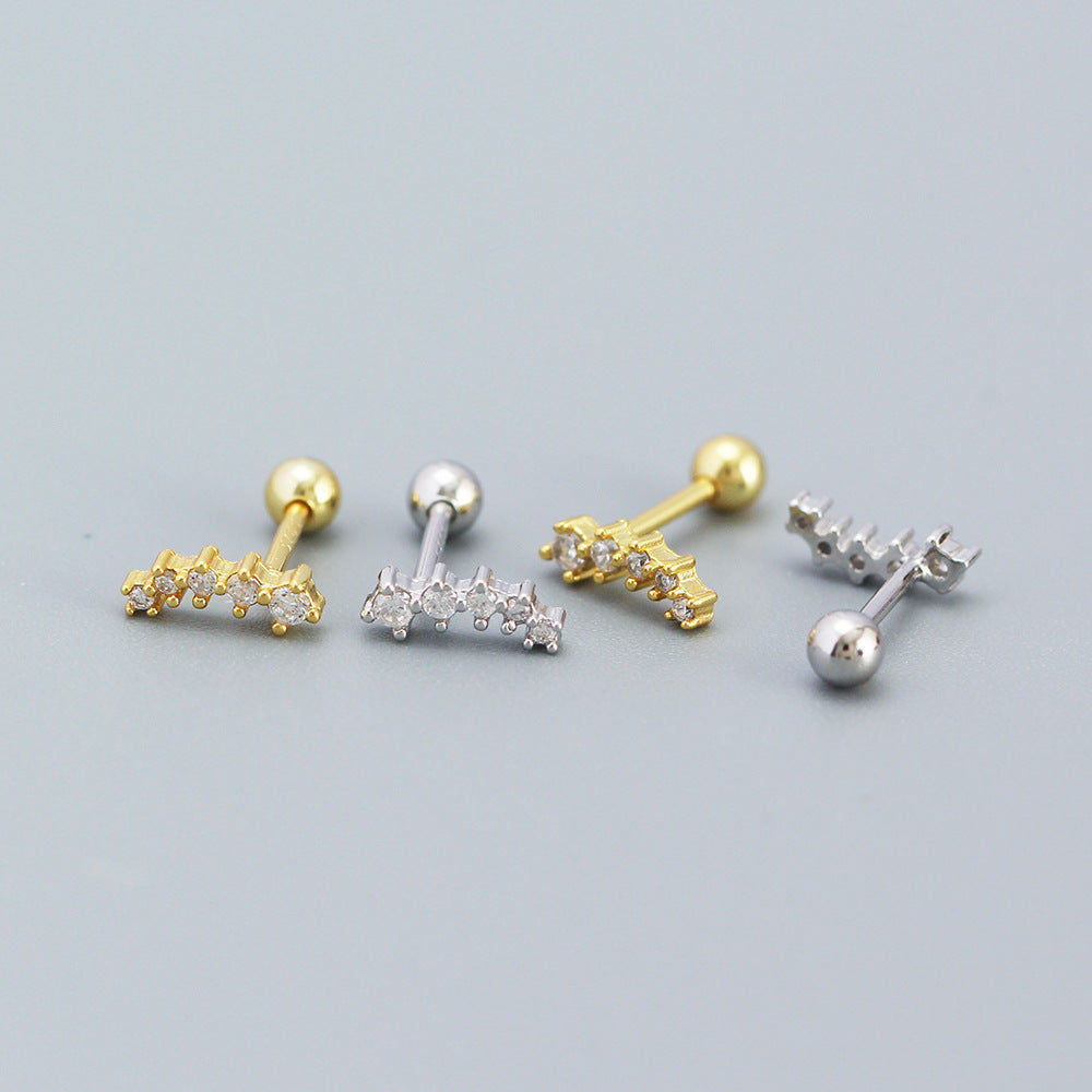 Geometric Rhinestone-Set S925 Sterling Silver Screw Back Earrings for Women, Fresh and Sweet Style