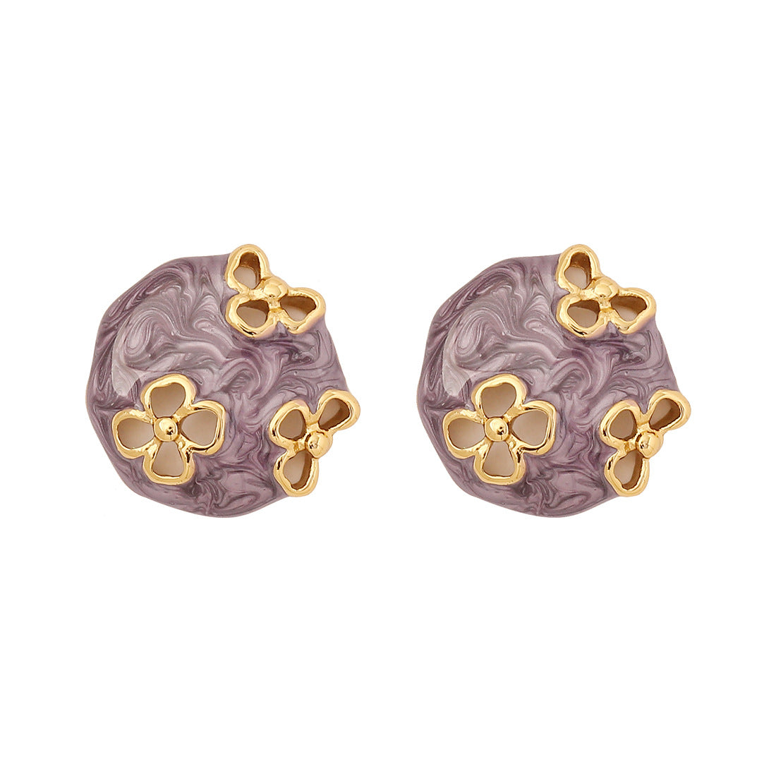 Vintage Floral Enamel Stainless Steel Stud Earrings with Hollow-Out Round Flower Design for Women