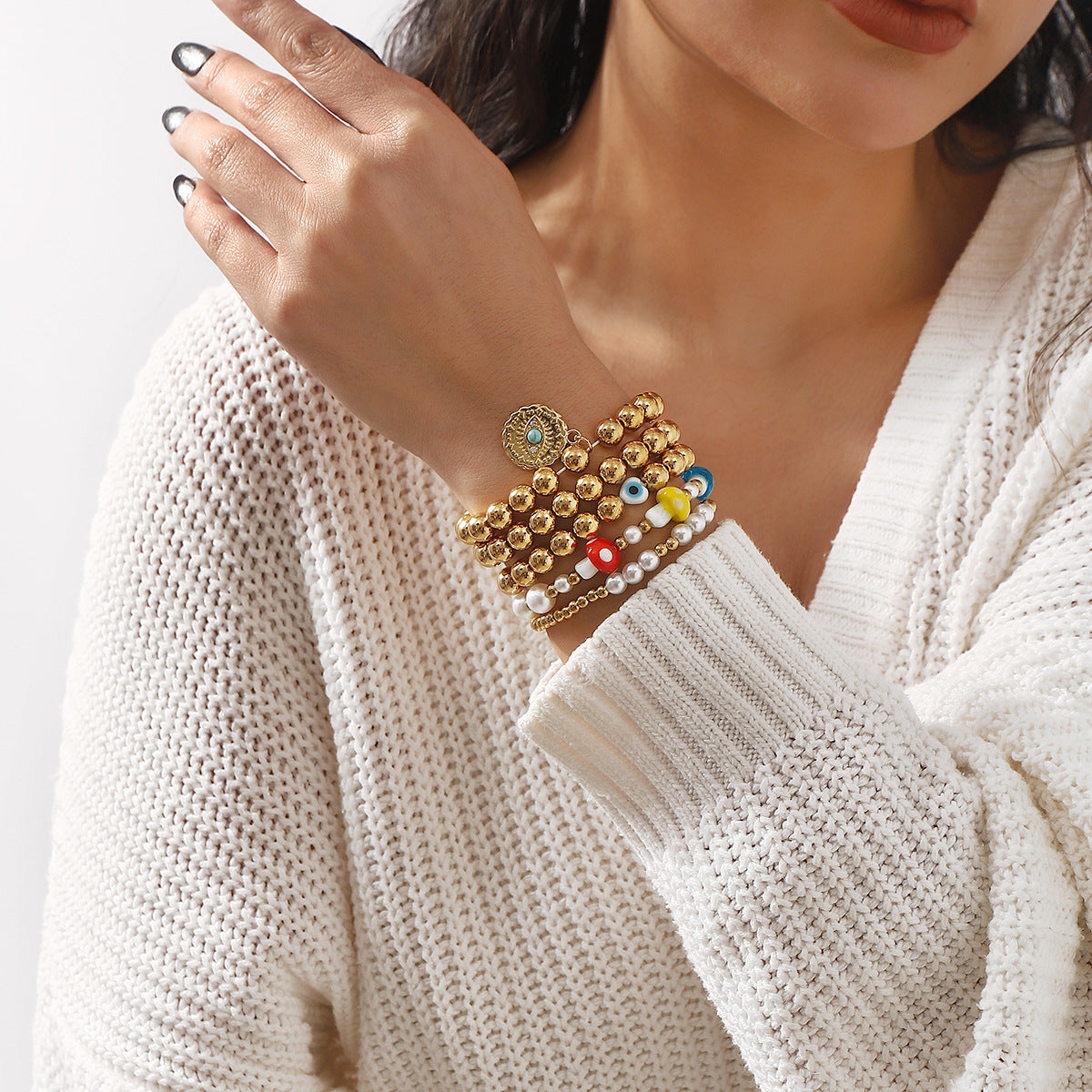 Minimalist Mushroom Eye Pendant Bracelet Set for Women with CCB Beads Alloy and Imitation Pearl Handmade Woven Design