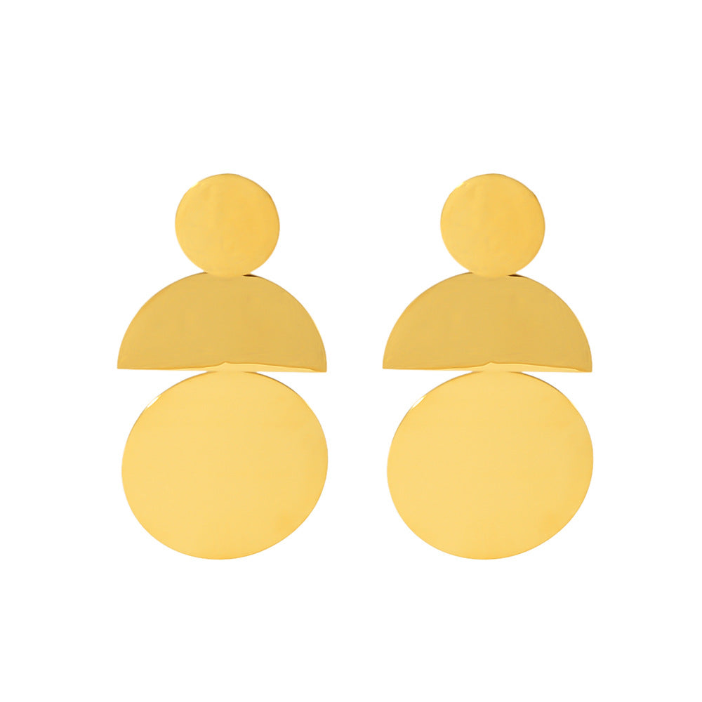 Geometric Round Stainless Steel Earrings with 18K Gold Plating for Women — Bold Metallic Statement Earrings