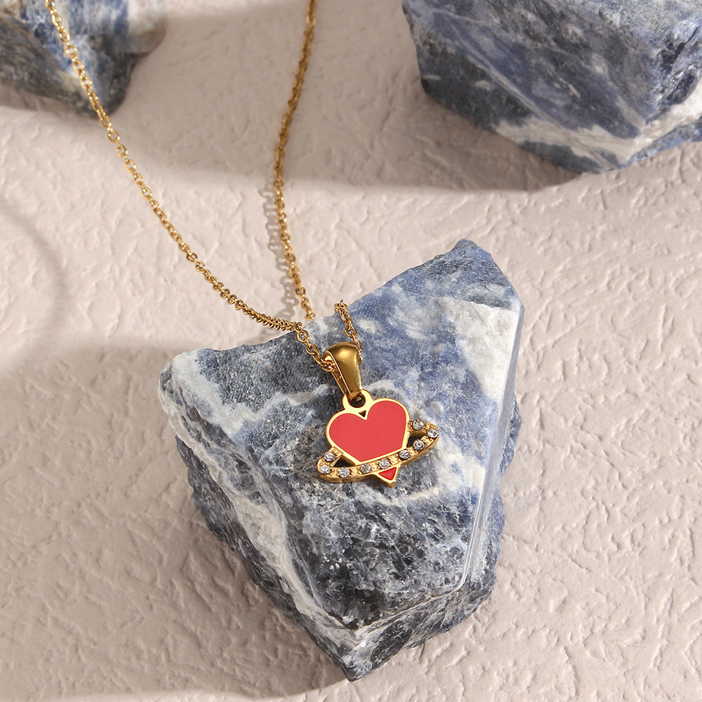 Fashionable Heart-Shaped Stainless Steel Plated Necklace with Red Enamel Accent and Circular Pendant