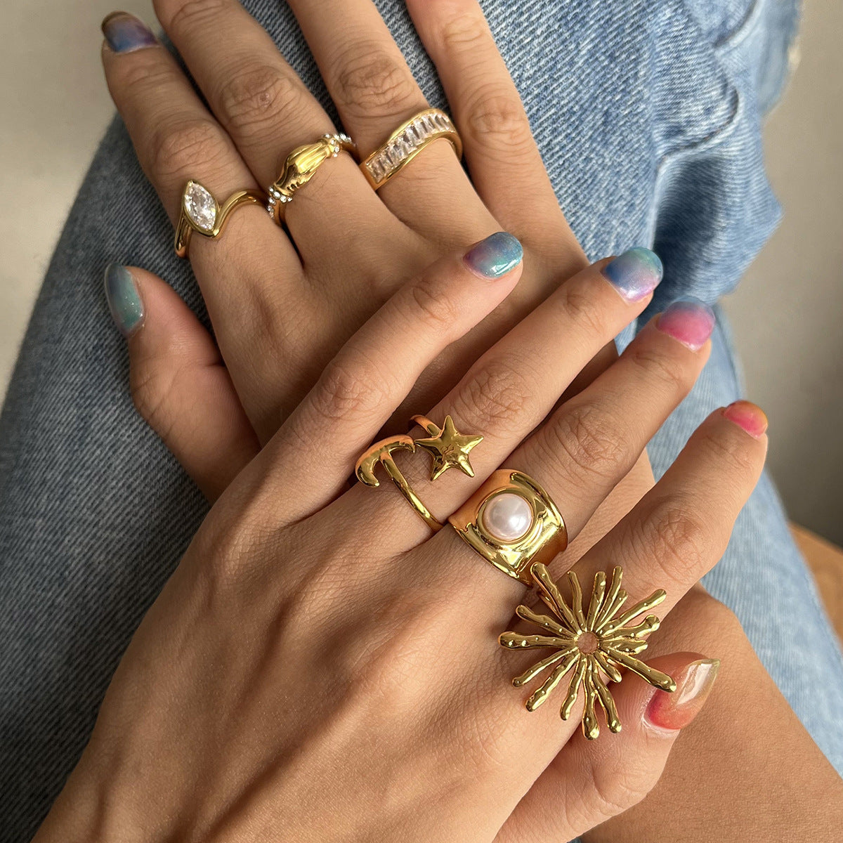 Anillo geométrico de acero inoxidable con circonitas para mujer con acabado chapado, accesorio de moda minimalista