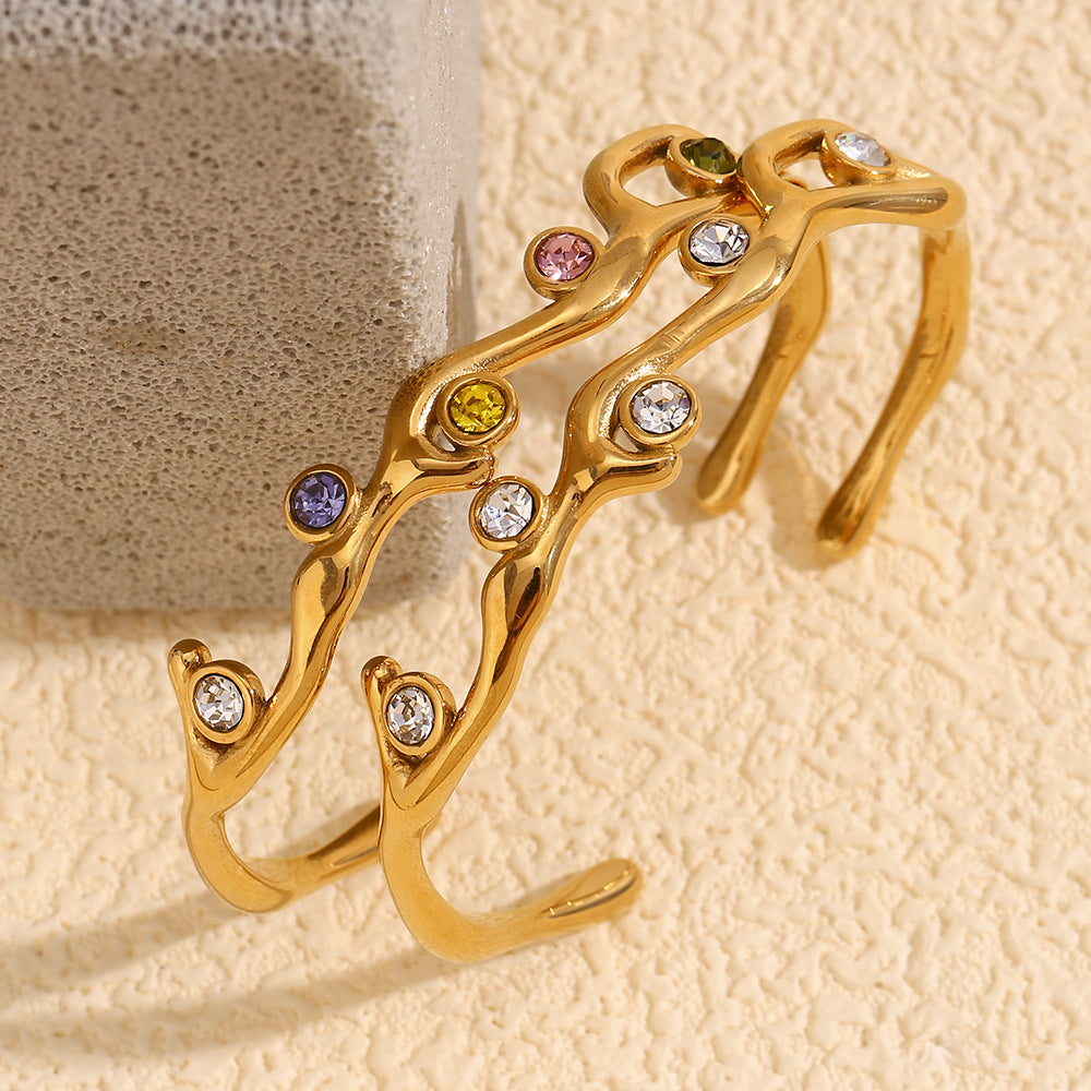 Fashionable Minimalist Branch-Shaped Stainless Steel Plated 18K Gold Colorful Rhinestone Bracelet for Women