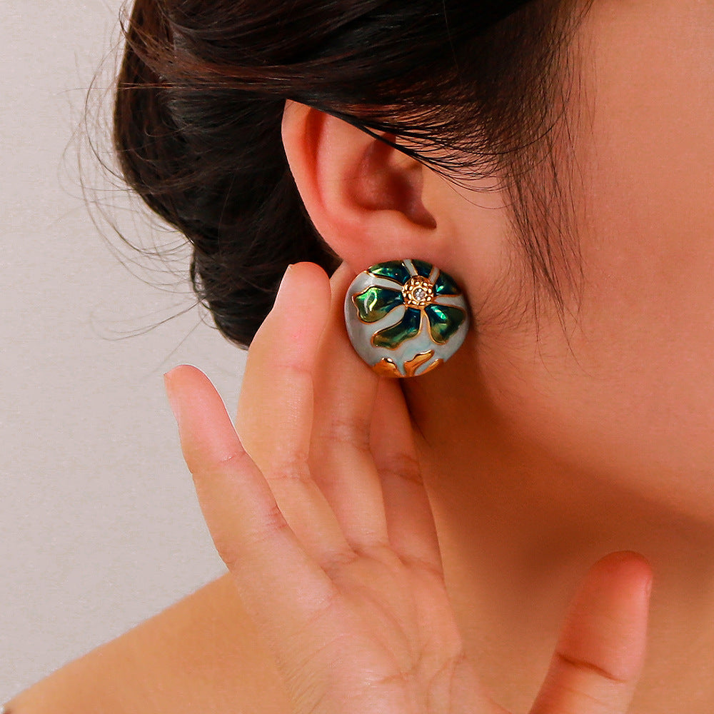 Bohemian Asymmetrical Oval Stainless Steel Earrings with Enamel Floral Pattern and 18K Gold Plating