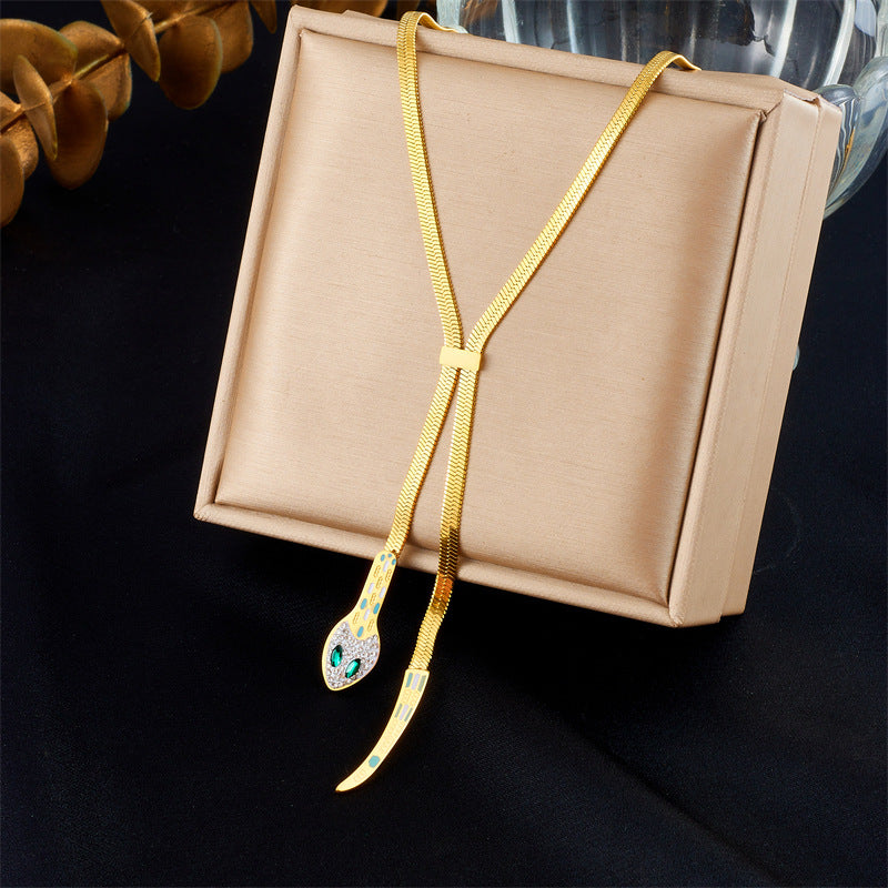 Punk Rhinestone Encrusted Snake Head & Tail Stainless Steel Gold Plated Snake Chain Necklace for Women