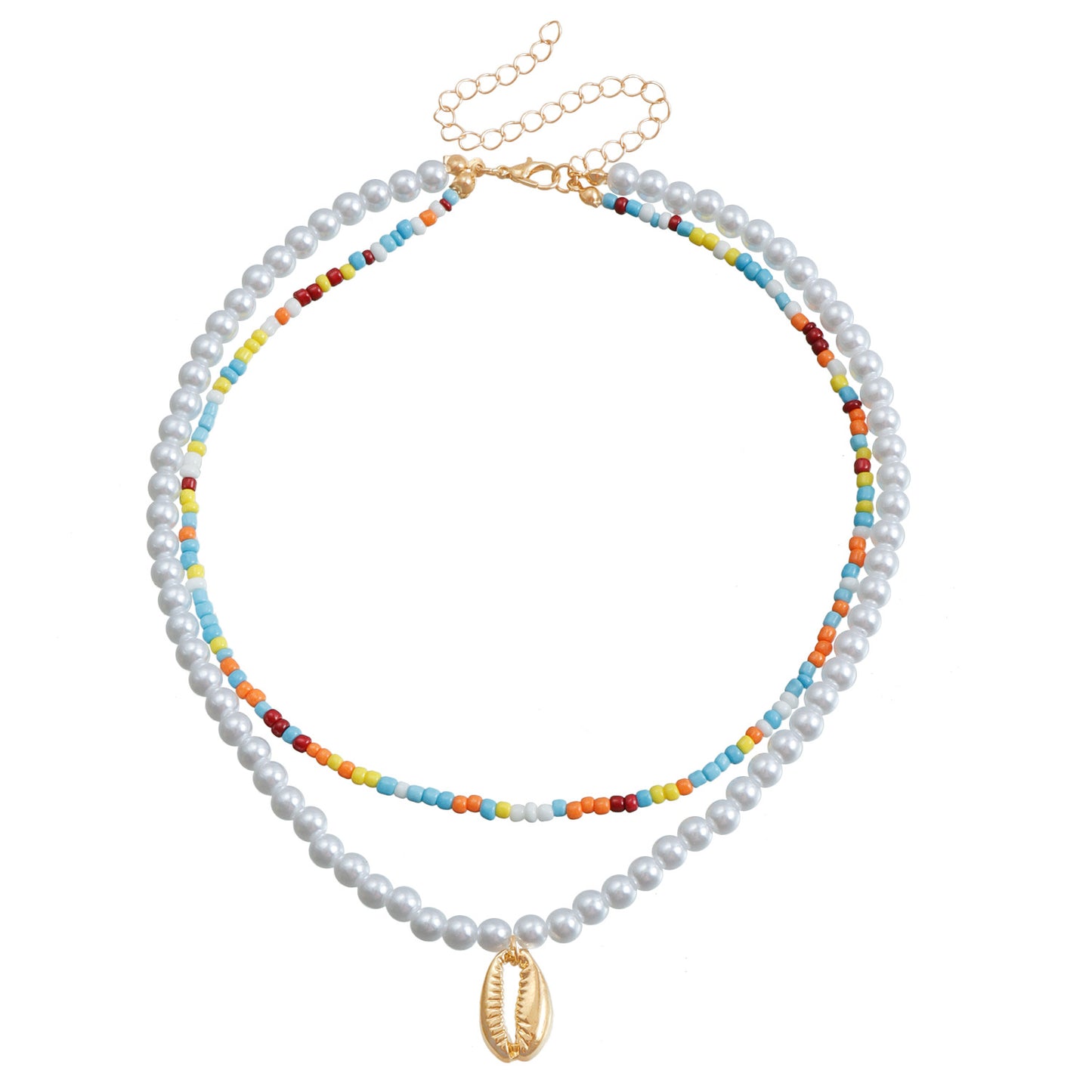 Bohemian Colorful Beaded Imitation Pearl Double Layer Shell Pendant Necklace for Women