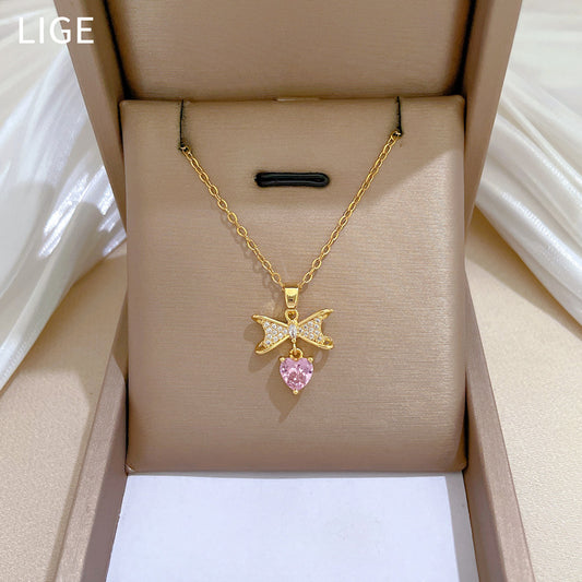 Luxury Sweet Titanium Steel Bowknot Heart Rhinestone Pendant Necklace for Unisex
