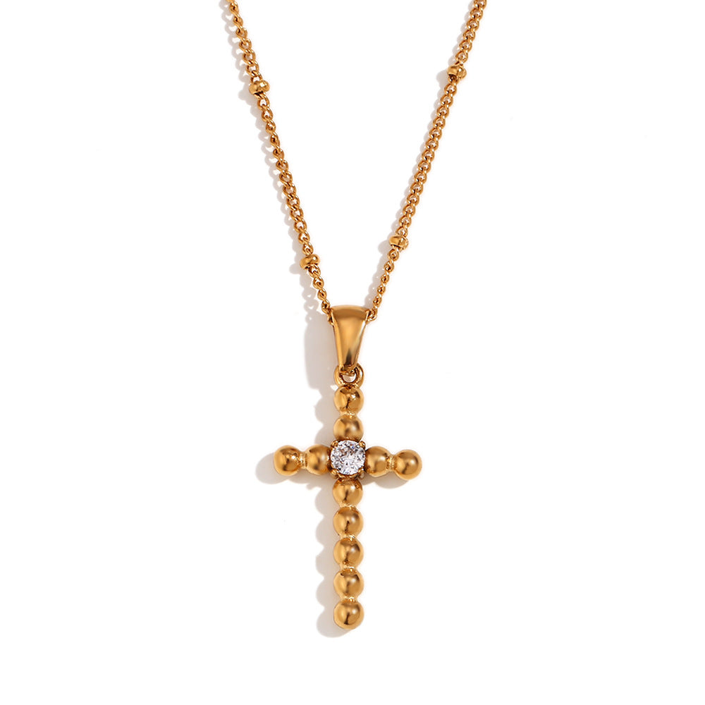 Vintage Minimalist Geometric Stainless Steel Plated 18K Gold Cross Pendant Necklace with Zircon Bead for Women