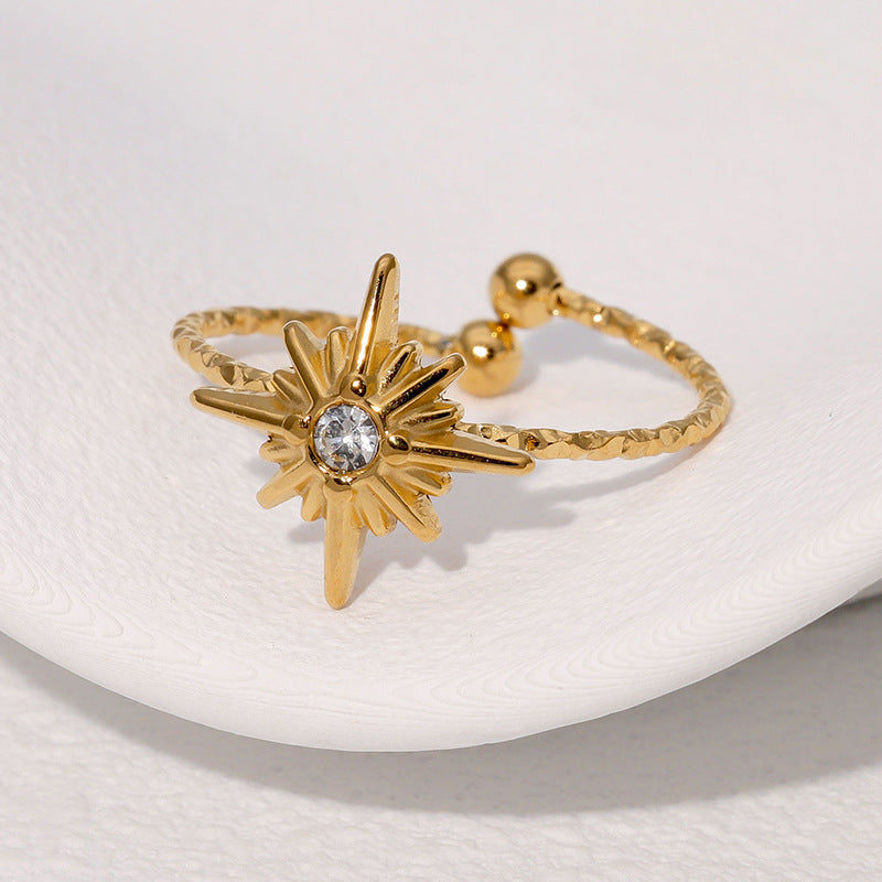 Anello aperto minimalista da donna a forma di stella in acciaio inossidabile con intarsio di strass