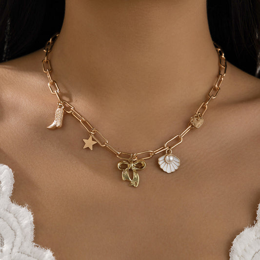Elegant Geometric Shell Bow Zinc Alloy Plated Necklace with Imitation Pearl Pendant for Women