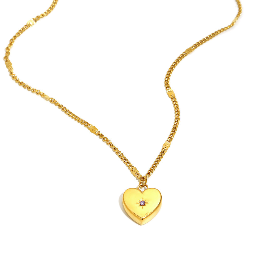 Collar Minimalista de Acero Inoxidable en Forma de Corazón con Baño de Oro de 18K y Detalles de Mini Circonitas para Mujer