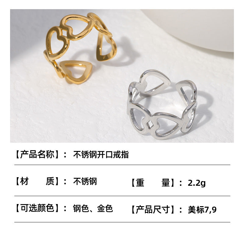 Sweet Minimalist Heart-Shaped Titanium Steel Adjustable Open Ring for Women with Plating Finish