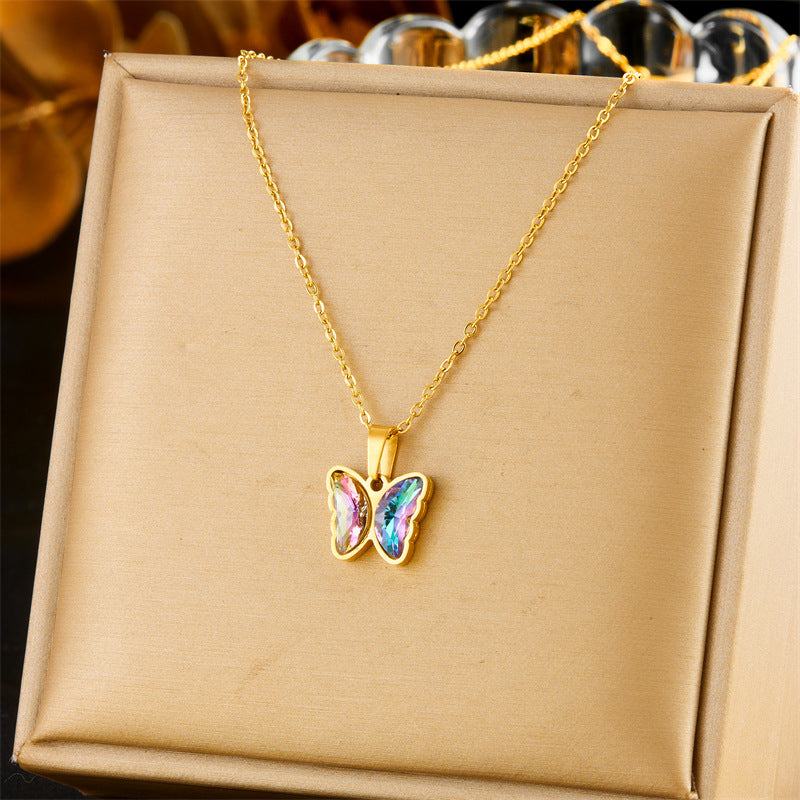 Fashion Plated Stainless Steel Butterfly Rhinestone Necklace and Earrings Set for Women