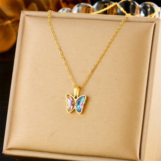 Fashion Plated Stainless Steel Butterfly Rhinestone Necklace and Earrings Set for Women