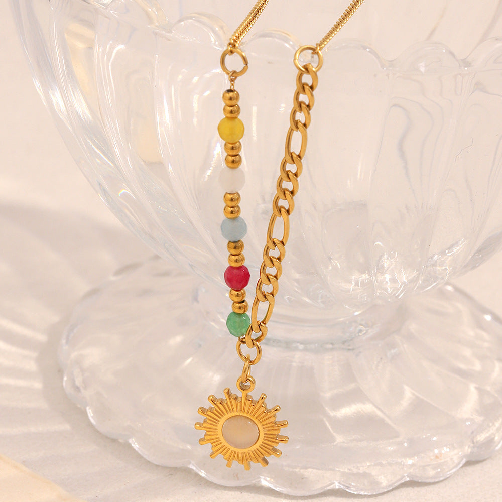 Retro French Style Sun-Shaped Geometric Pendant Necklace in Stainless Steel with 18K Gold Plating and Natural Stone Inlay
