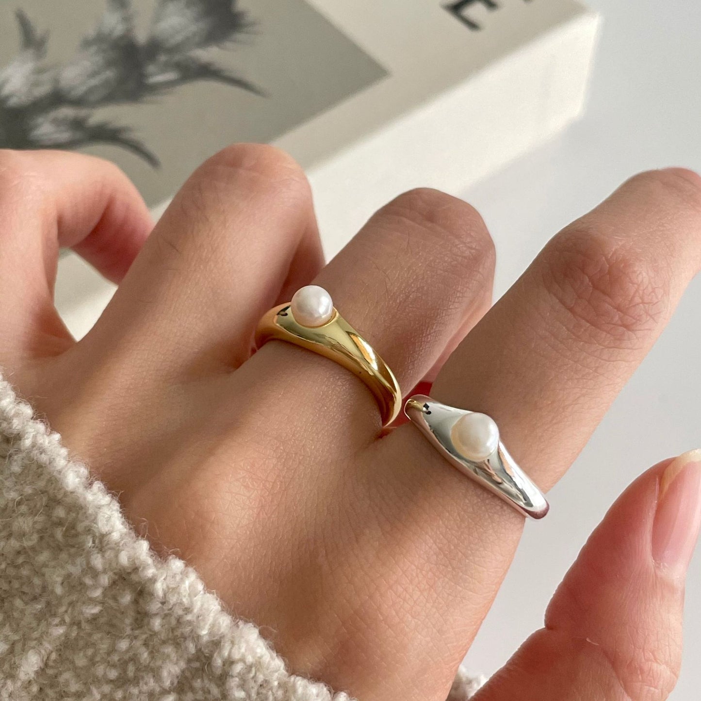 Geometric 925 Sterling Silver Plated Ring with Pearl for Women