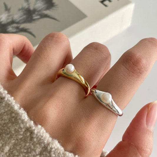 Anillo de plata de ley 925 con perla geométrica para mujer