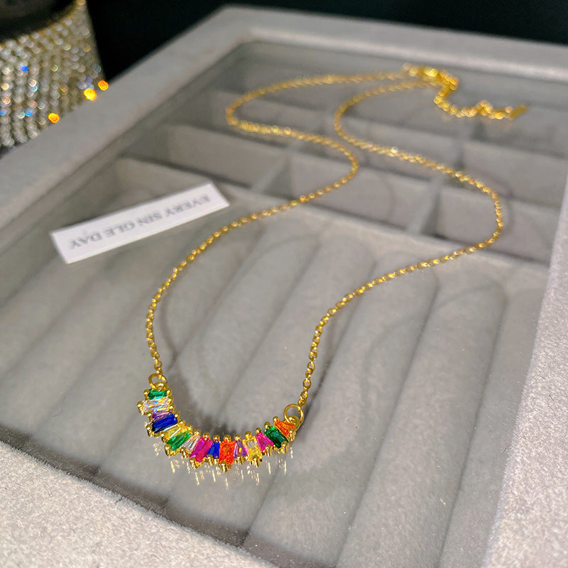 Sporty Sweet Colorful Cubic Zirconia Plated Titanium Steel Necklace with Brass Pendant Cable Chain