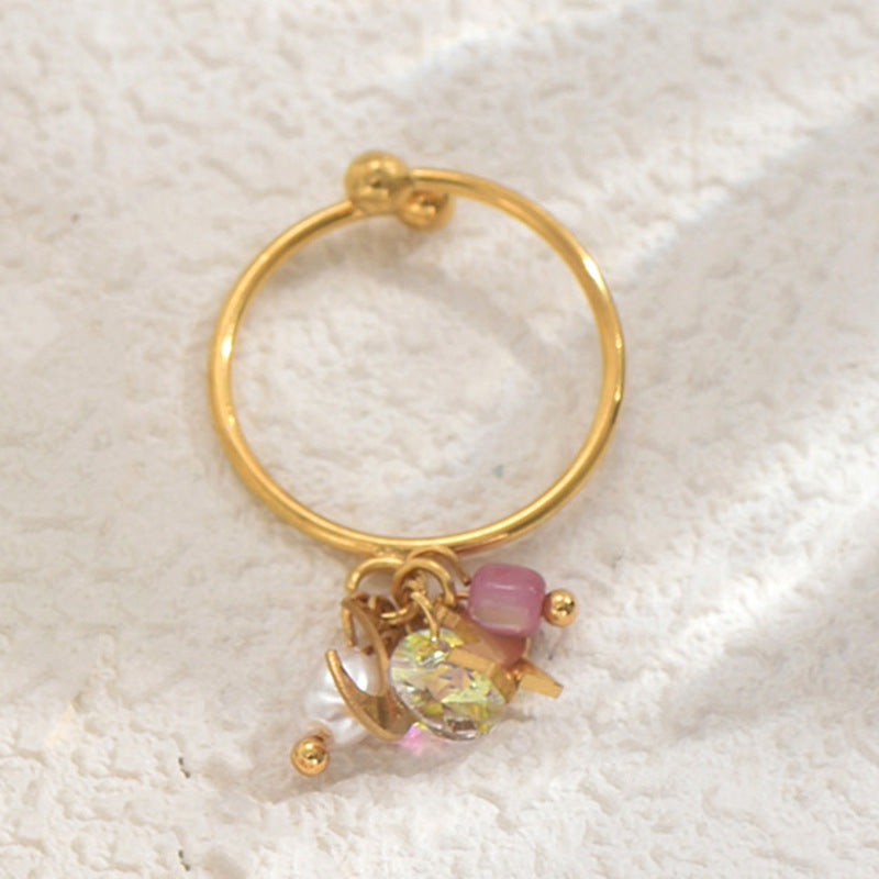 Anillo Abierto Geométrico para Mujer con Diseño de Estrella y Luna, Banda de Cobre con Incrustaciones de Perlas, Anillo de Dedo Minimalista de Moda para Dedo Índice