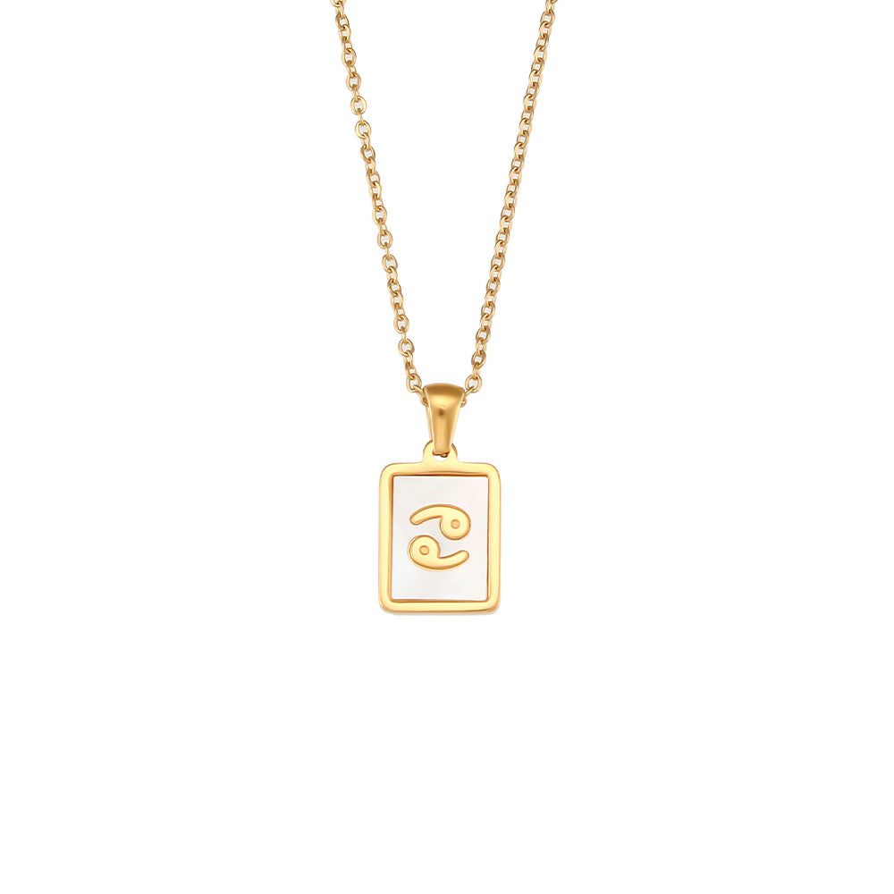 Collana con ciondolo segno zodiacale alla moda da donna con catena in acciaio inossidabile e intarsio in conchiglia naturale a forma di quadrato geometrico