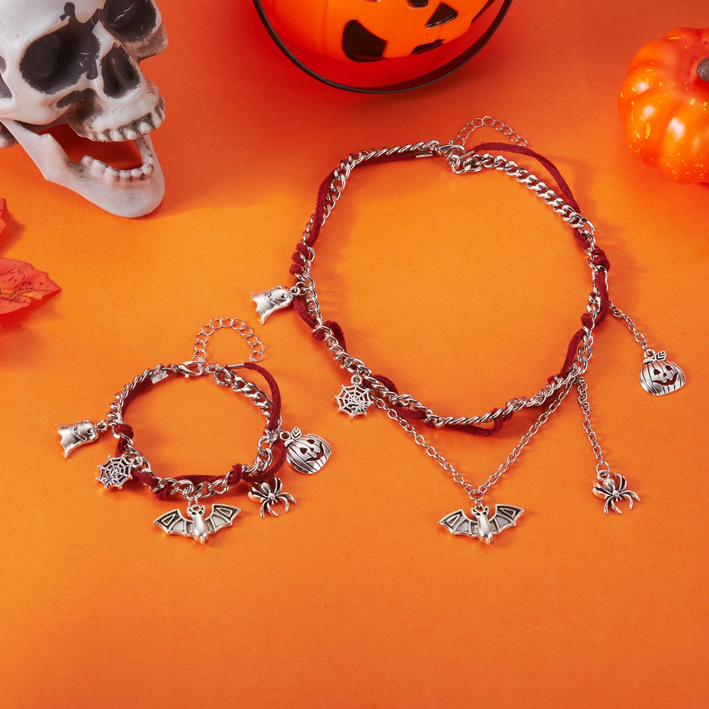 Juego de collar y pulsera góticos oscuros para Halloween con dijes de calabaza, fantasma, murciélago y araña, joyas chapadas en aleación para unisex