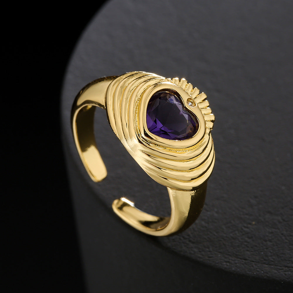 Anello aperto geometrico stile vintage da donna in rame placcato oro 18K con intarsio di zirconi