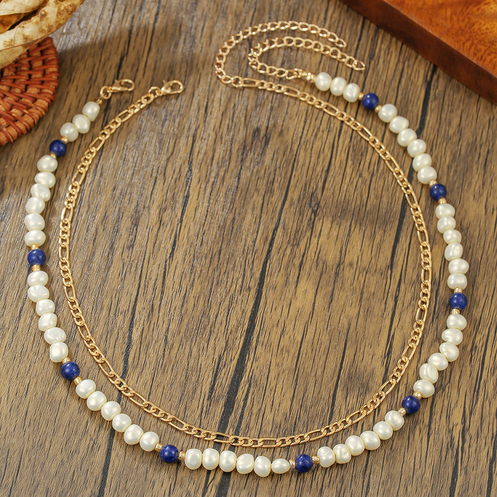 Handmade Geometric Round Imitation Pearl Leather Cord Necklace Unisex Double Layer