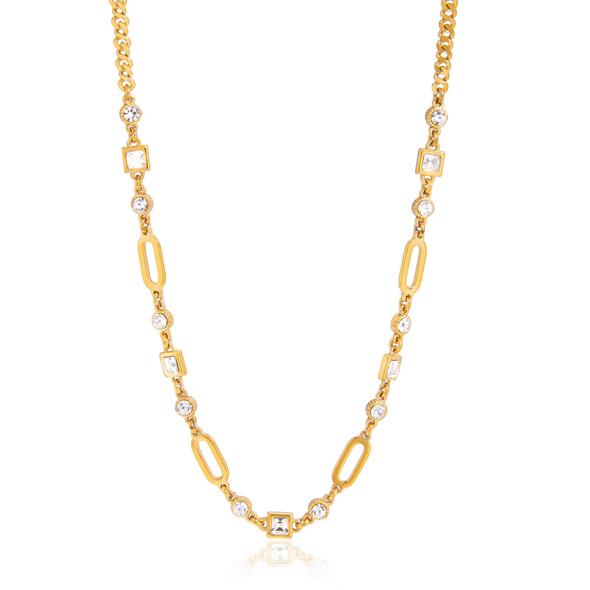 Collana con ciondolo geometrico di lusso con strass in acciaio al titanio placcato PVD in oro 18 carati da donna