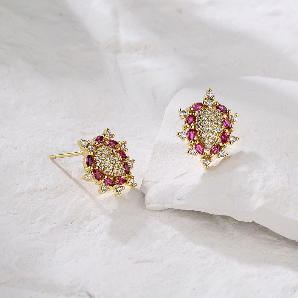Geometric Earrings for Women in Copper with 18K Gold Plating and Full Zircon Inlay, Minimalist Luxury Style