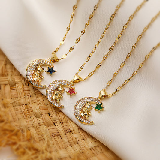 Lindo collar con colgante de oso lunar en cobre con baño de oro real e incrustaciones de circonitas para mujer