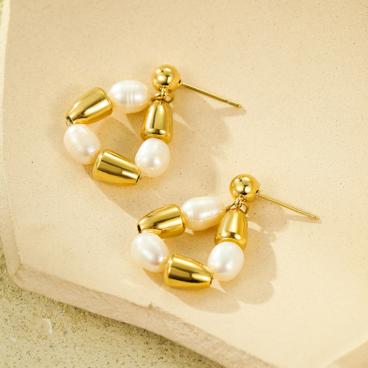 Minimalist Geometric Titanium Steel Stud Earrings with Pearl Inlay for Women, Electroplated Luxury Fashion Accessory