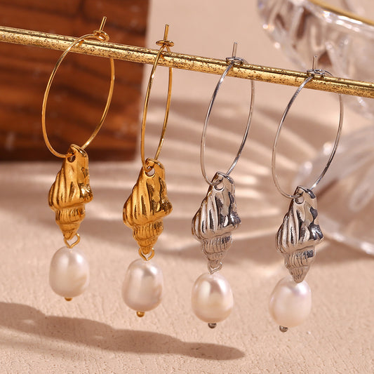 Pendientes de aro de perlas de agua dulce con diseño geométrico de acero inoxidable chapado en oro de 18 quilates para mujer