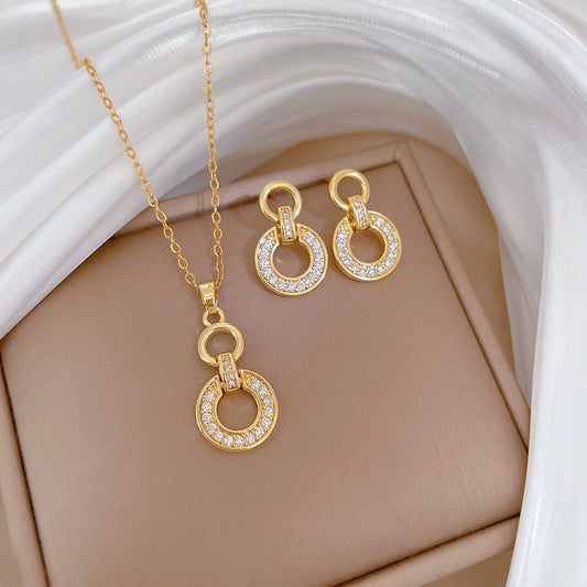Luxury Titanium Steel Geometric Rhinestone Necklace and Earrings Set