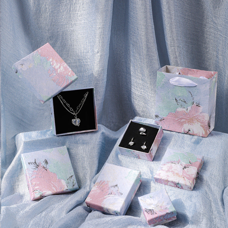 Caja de embalaje de joyería con diseño floral irregular cian estilo pintura al óleo para exhibir collares, pendientes, anillos, pulseras y colgantes