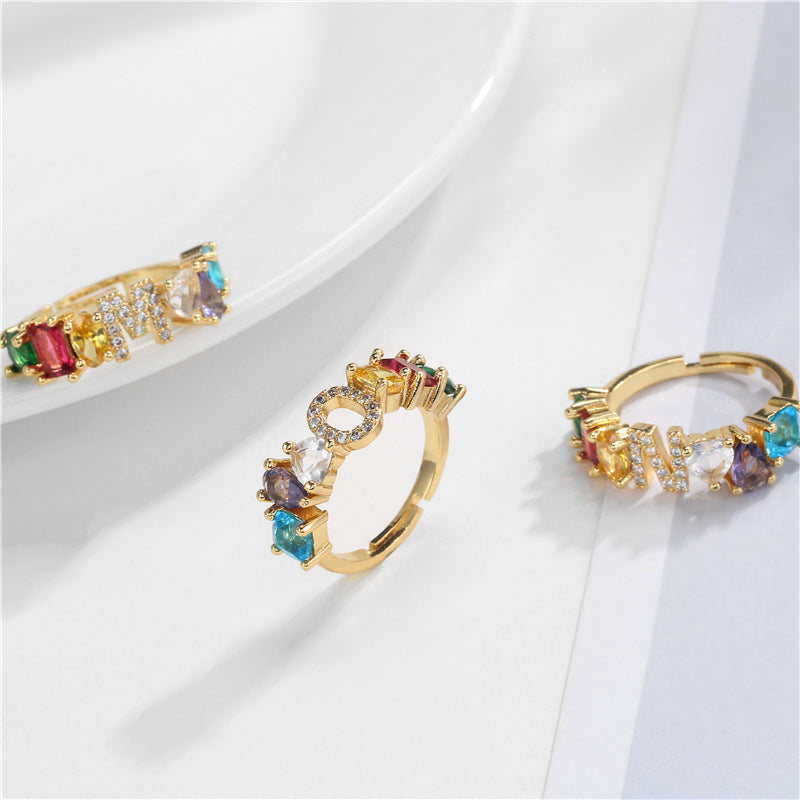 Hand-Set Cubic Zirconia Letter Open Ring Gold Plated Brass Adjustable Women
