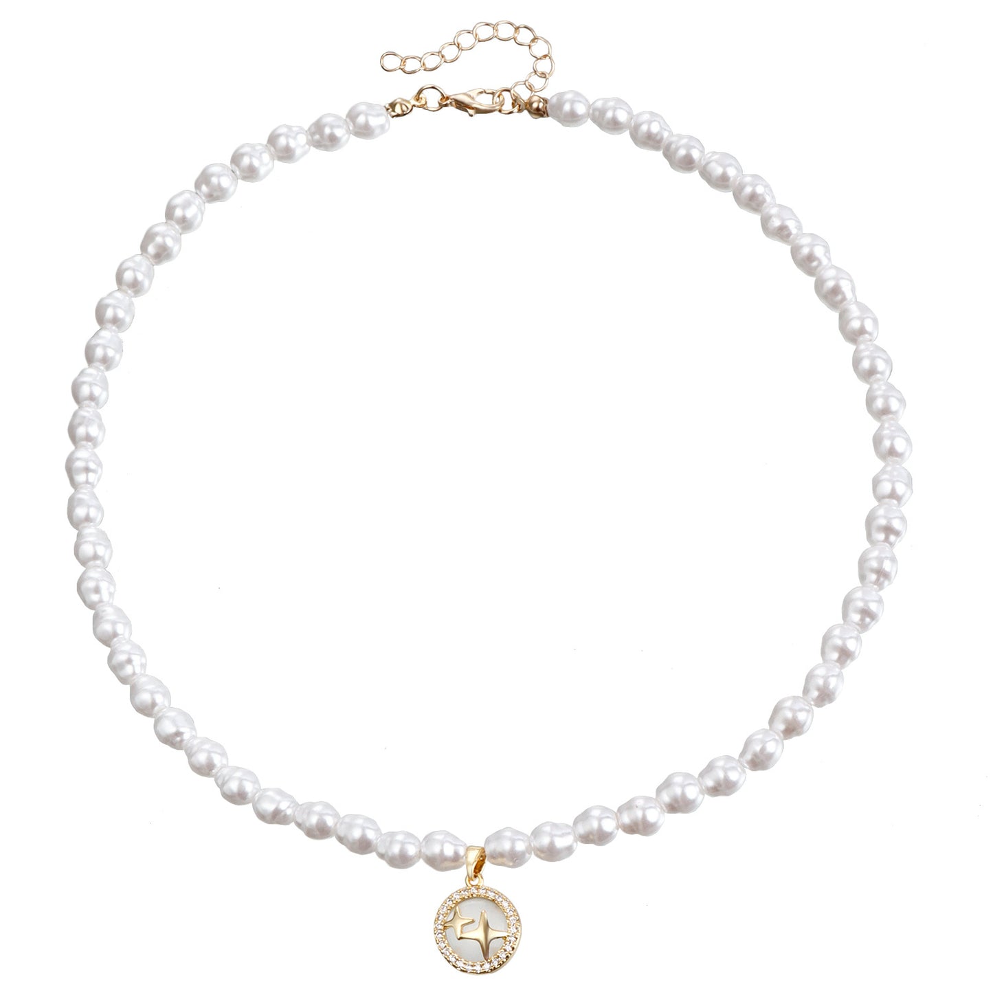Minimalist Geometric Cross Star Pendant Necklace for Women with Electroplated Metal Chain and Simulated Pearl Beads