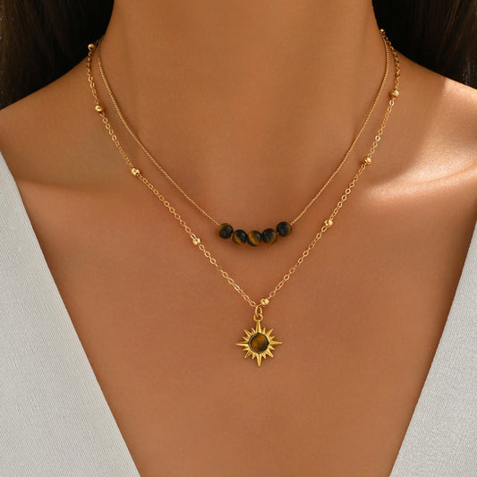 Geometric Floral Tiger Eye Zinc Alloy Handmade Necklace for Women