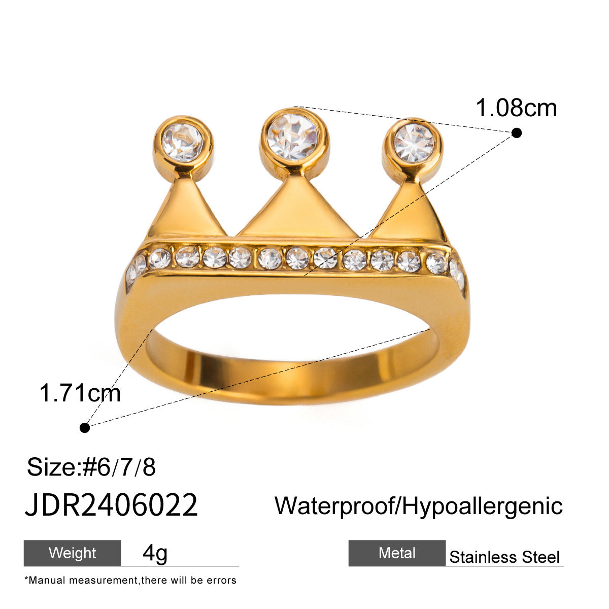 Elegant Geometric Stainless Steel Crown Ring with Cubic Zirconia and Rhinestone Plating for Women