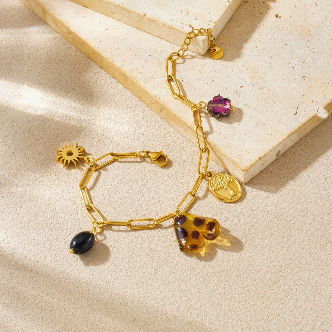 Vintage Gold Plated Stainless Steel Oval Floral Leopard Print Resin Charm Bar Bracelet