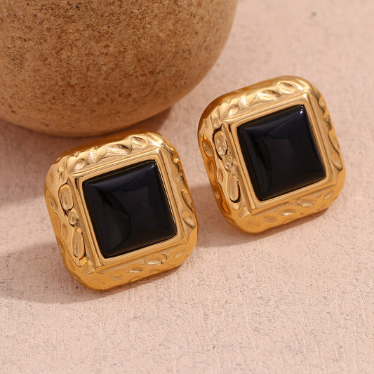 Pendientes de tuerca cuadrados geométricos de estilo vintage en acrílico negro con acero inoxidable chapado en oro de 18 quilates para mujer