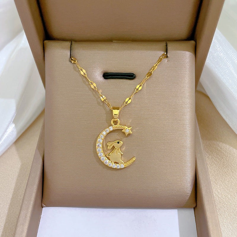Luxury Moon and Rabbit Pendant Necklace for Women in Titanium Steel with Geometric Design, Plated Finish, Perfect for Wedding, Banquet, and Everyday Elegance