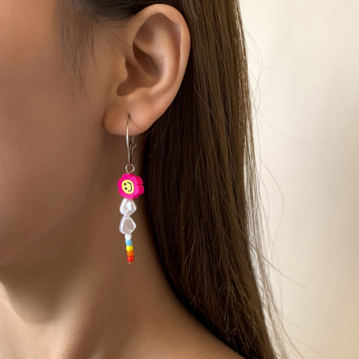 Ethnic Minimalist Geometric Plated Iron Earrings with Colorful Clay Smileys and Rice Beads