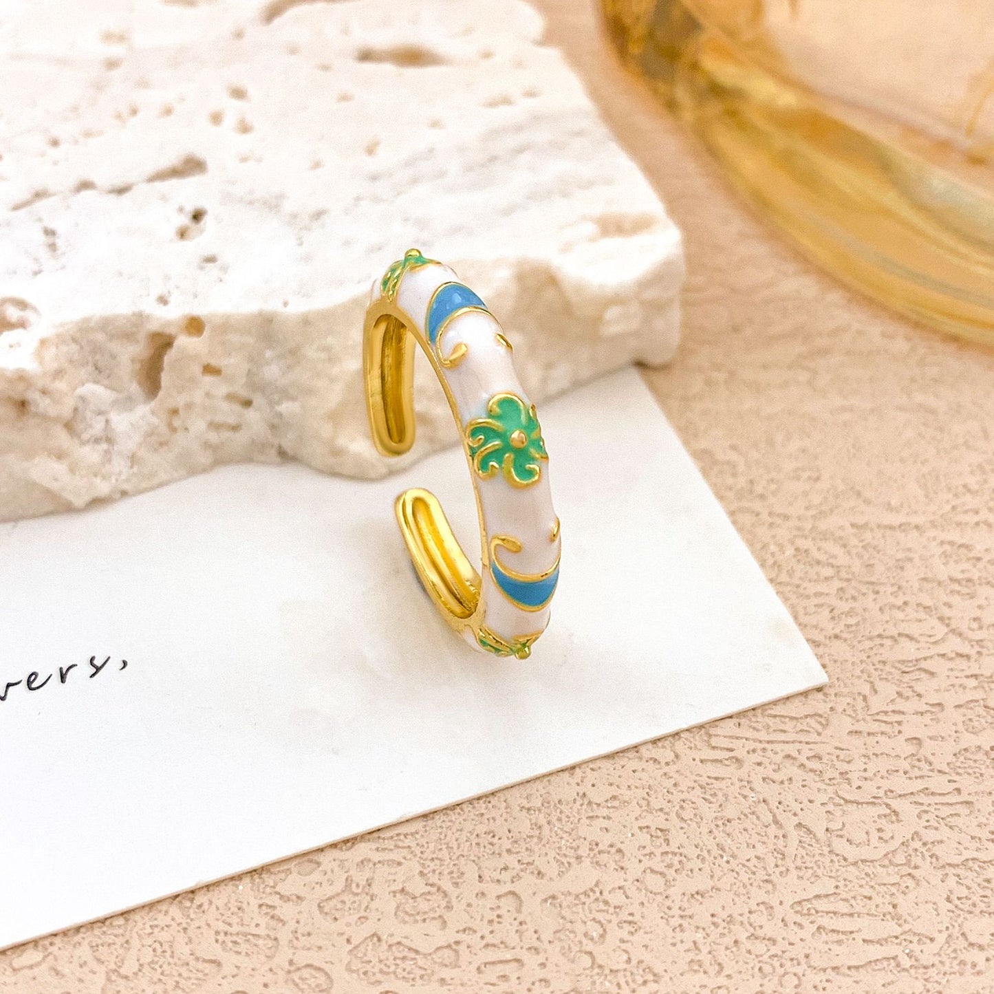 Anello da donna in lega smaltata floreale elegante di lusso