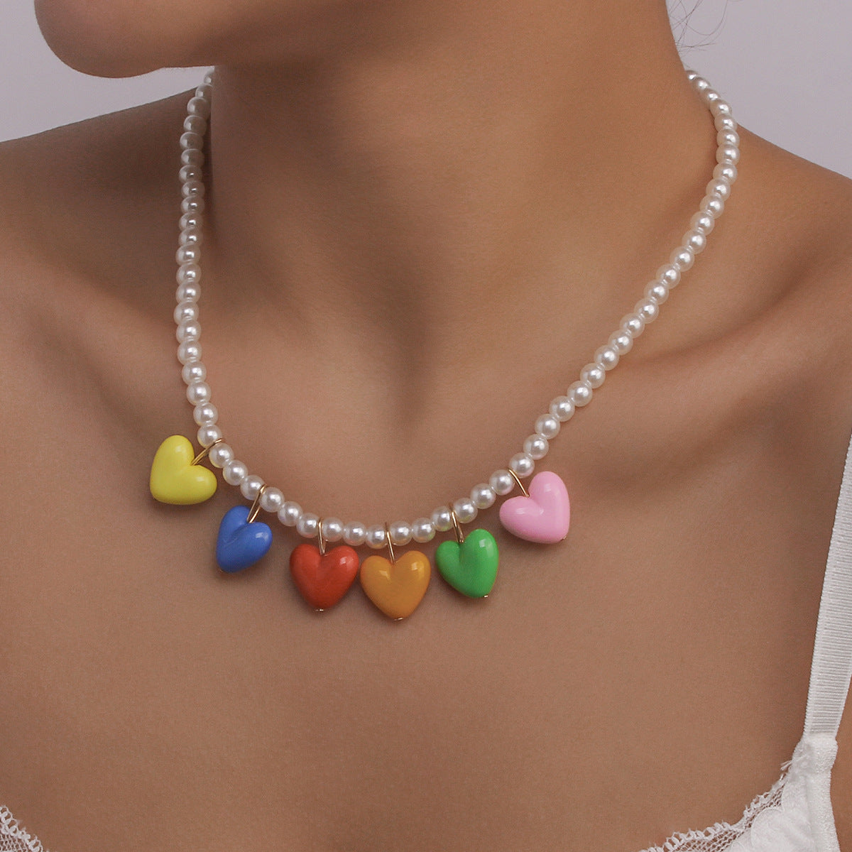 Cute Heart-Shaped Alloy Necklace with Imitation Pearl and Resin Pendant on Beaded Chain