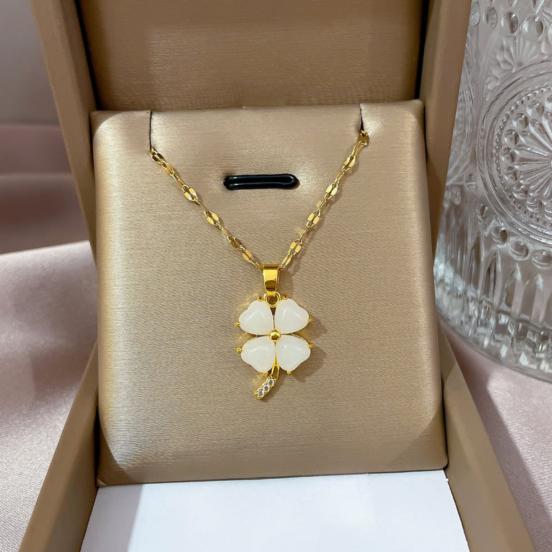 Minimalist Geometric Titanium Steel Necklace with Gold Plated Brass Pendant and Rhinestone Inlay