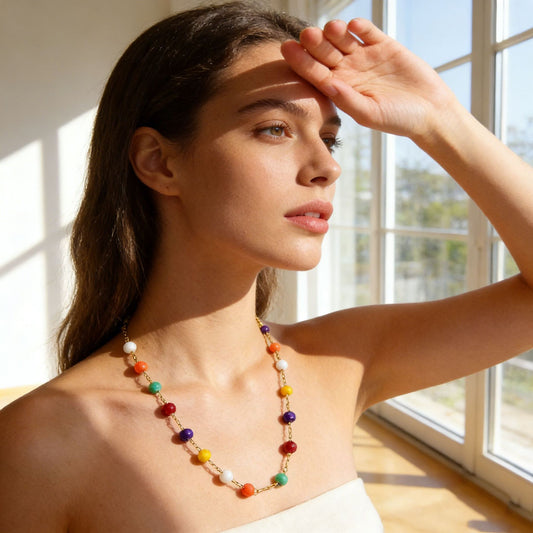Collar redondo geométrico de acero inoxidable chapado de lujo con cuentas de semillas de colores para mujer