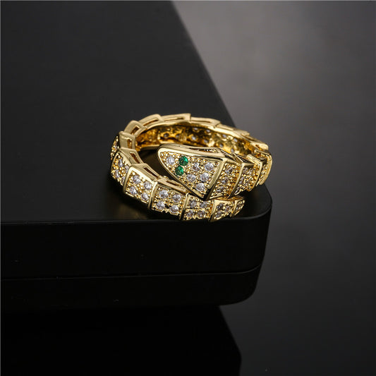 Anillo de Serpiente de Cobre con Baño de Oro de 18K y Circonitas Micro-Engastadas, Diseño Geométrico de Bambú Vintage para Mujer