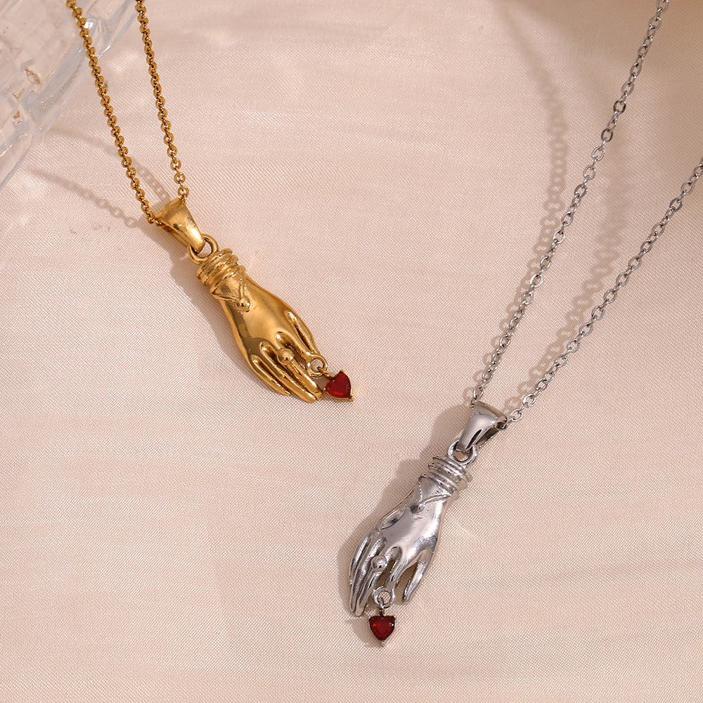 Collana con pendente geometrico vintage da donna in acciaio inossidabile con placcatura in oro 18K e singolo strass rosso