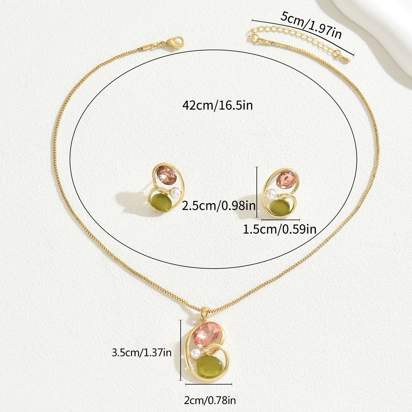 Minimalist Geometric Copper Pendant Necklace and Earrings Set with Rhinestone Inlay for Women